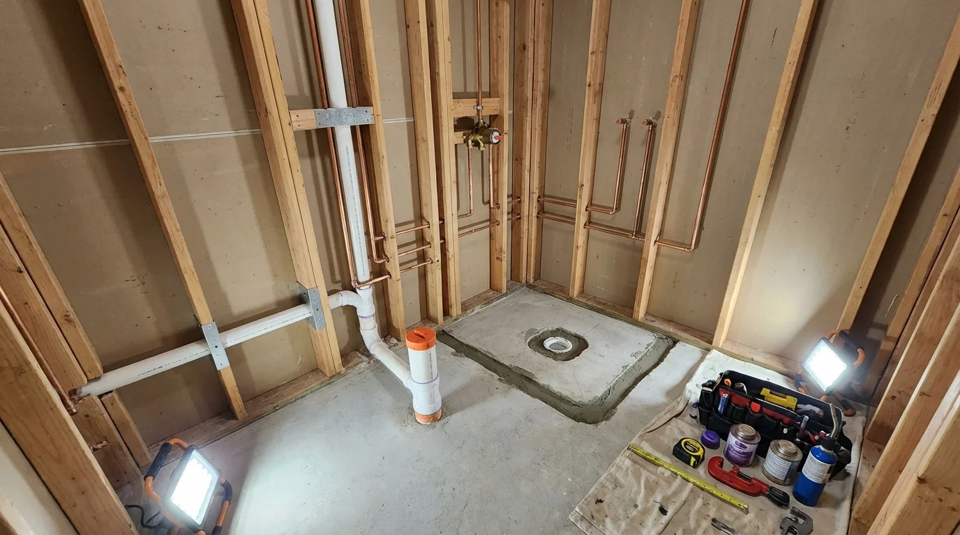 Bathroom rough-in plumbing during remodel by Johns Plumbing LLC in Le Mars