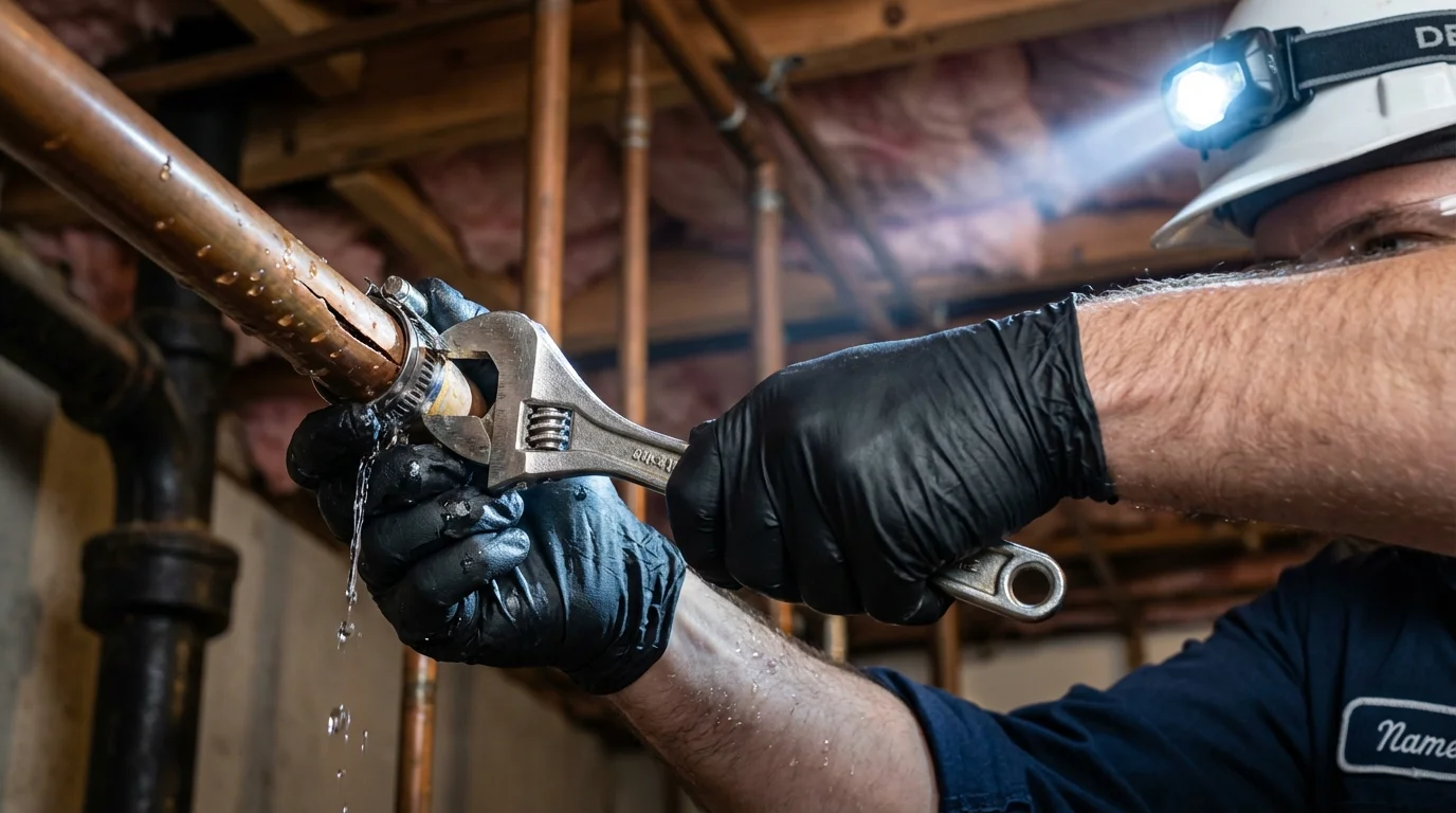 Emergency pipe clamp repair being performed by a Johns Plumbing LLC plumber in Le Mars