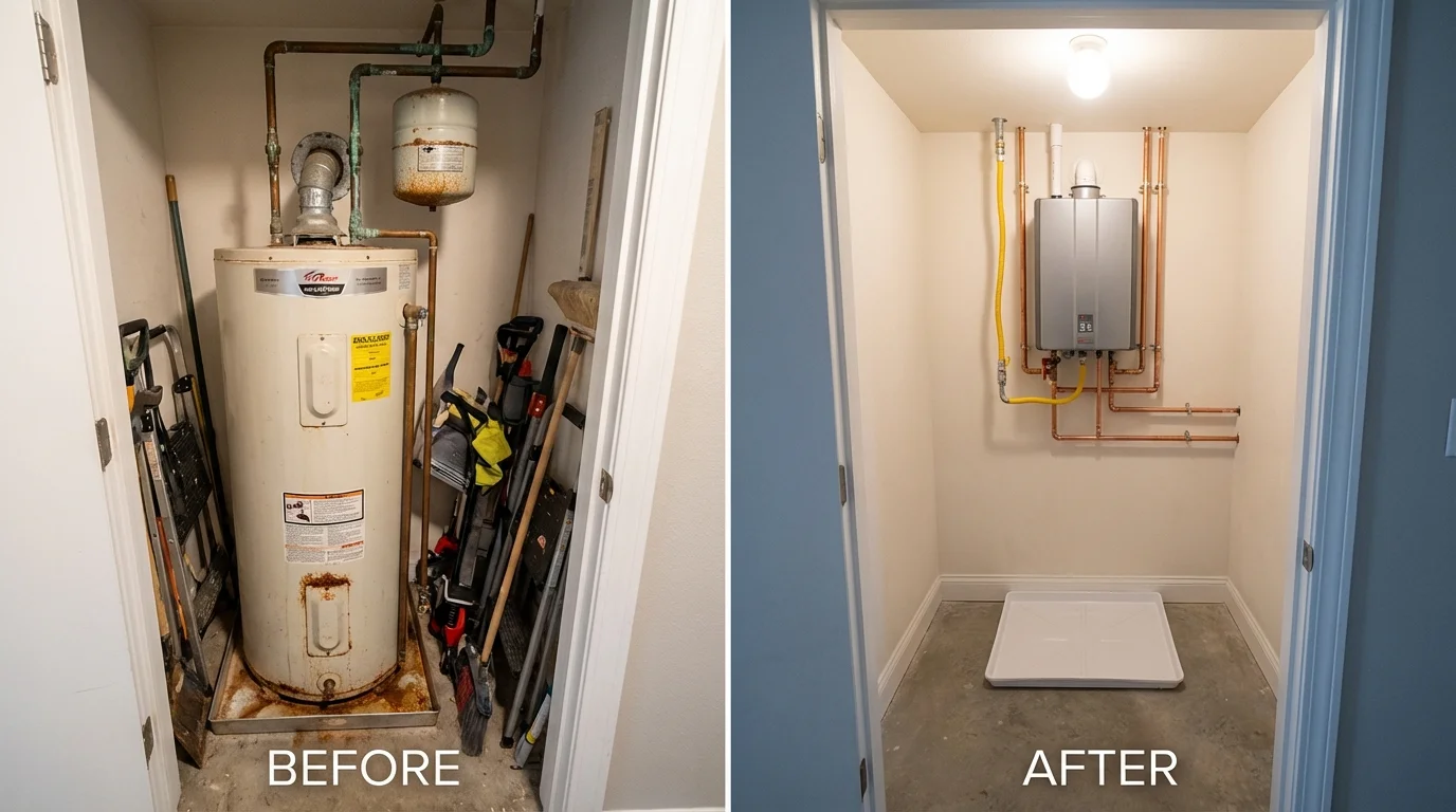 Tank water heater versus wall-mounted tankless unit comparison for Le Mars, IA homeowners