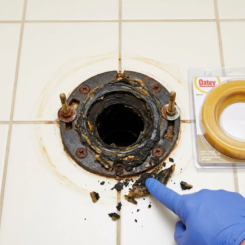 Failed wax ring showing water seepage at the base of a toilet in a Le Mars, IA home