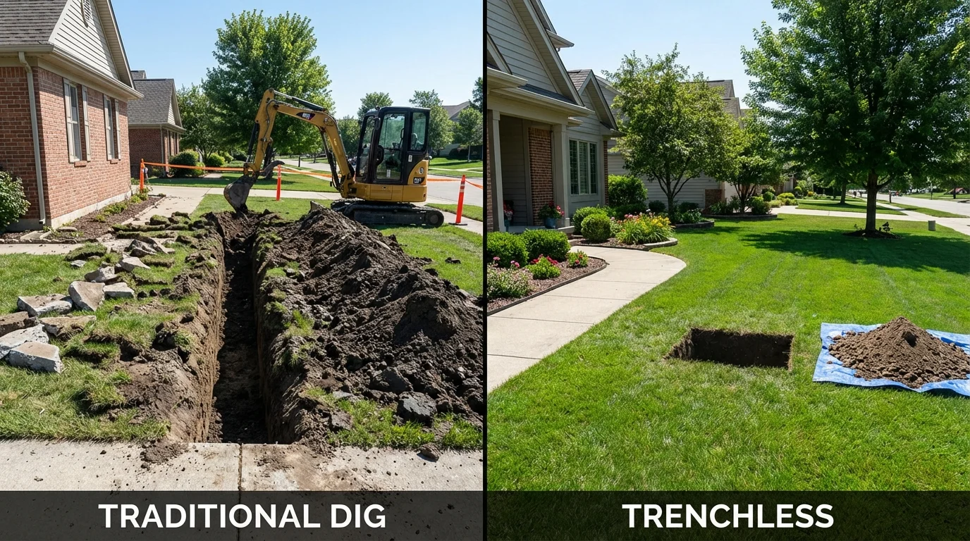 Trenchless sewer repair with minimal yard damage versus traditional excavation in Le Mars, IA