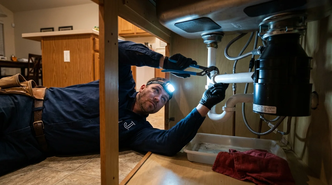 P-trap and supply line connections under a kitchen sink showing a common leak point in Le Mars, IA